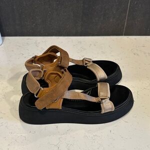 Zara Brown and Metallic Beige Platform Sandals